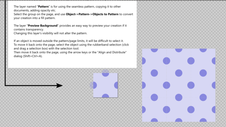 Screenshot of the seamless pattern template on Inkscape displaying a repeating polka dot pattern