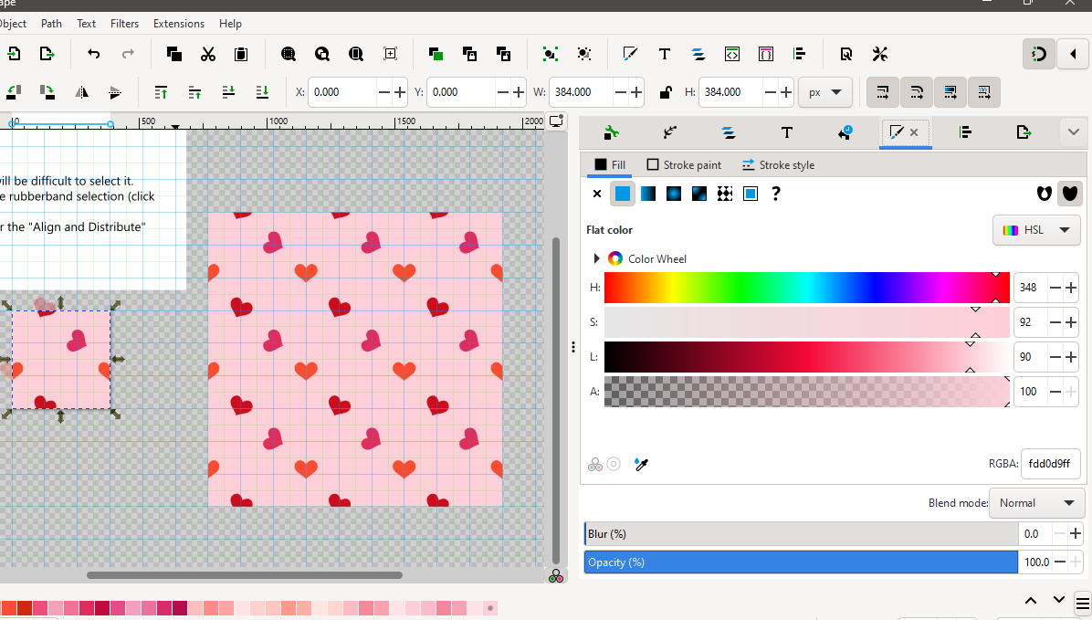 Pink seamless pattern with small red, coral, and magenta hearts on a light pink background, shown in Inkscape.